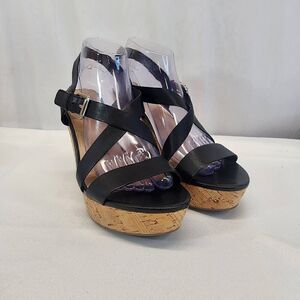 Franco Sarto Stallion Wedge Sandal Black Leather Size 9.5
